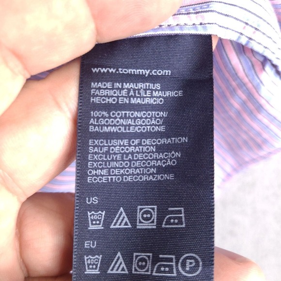 Tommy Hilfiger‎ Shirt Men's XL Pink Blue Short Sleeve Button Up Striped Trim Fit - Picture 7 of 14